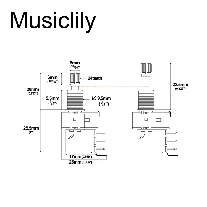 Musiclily Pro A250K ブラスポット スプリットスタンダードシャフト 3/8インチ プッシュプッシュ オーディオテーパーポテンショメーター for エレキギター/ベース (2個セット)