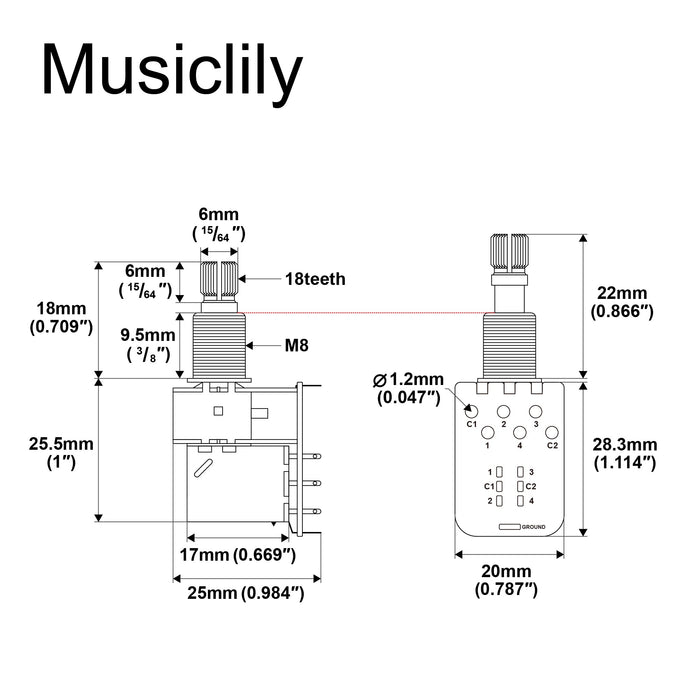 Musiclily Pro A250K PCB Mod DPDT Push-Pull Brass Pot Metric Split Standard Shaft 9.5mm Audio Taper Potentiometer for Electric Guitar Bass