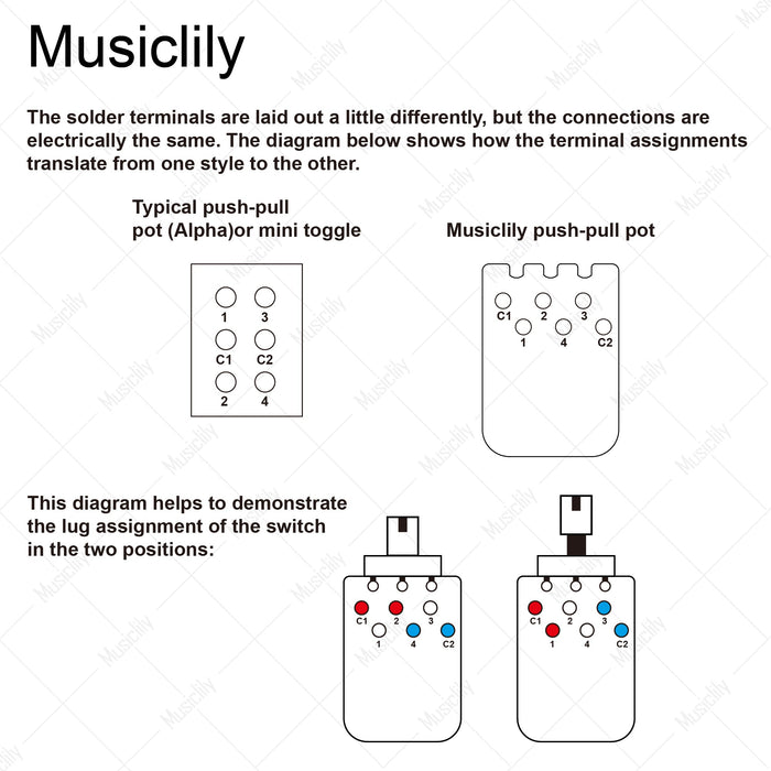 Musiclily Pro B250K PCB Mod DPDT Push-Pull Brass Pot Metric Split Standard Shaft 9.5mm Linear Taper Potentiometer for Electric Guitar Bass