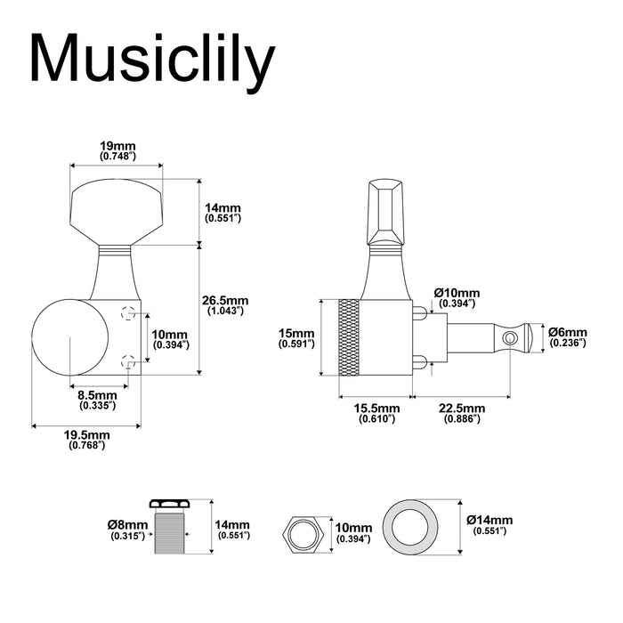 Musiclily Pro R15J Single 15:1 Ratio 2-Pin Full Sealed Locking Machine Head Treble Side Tuner Tuning Peg Key with Hex Button for Squier Strat Tele Style Electric Guitar