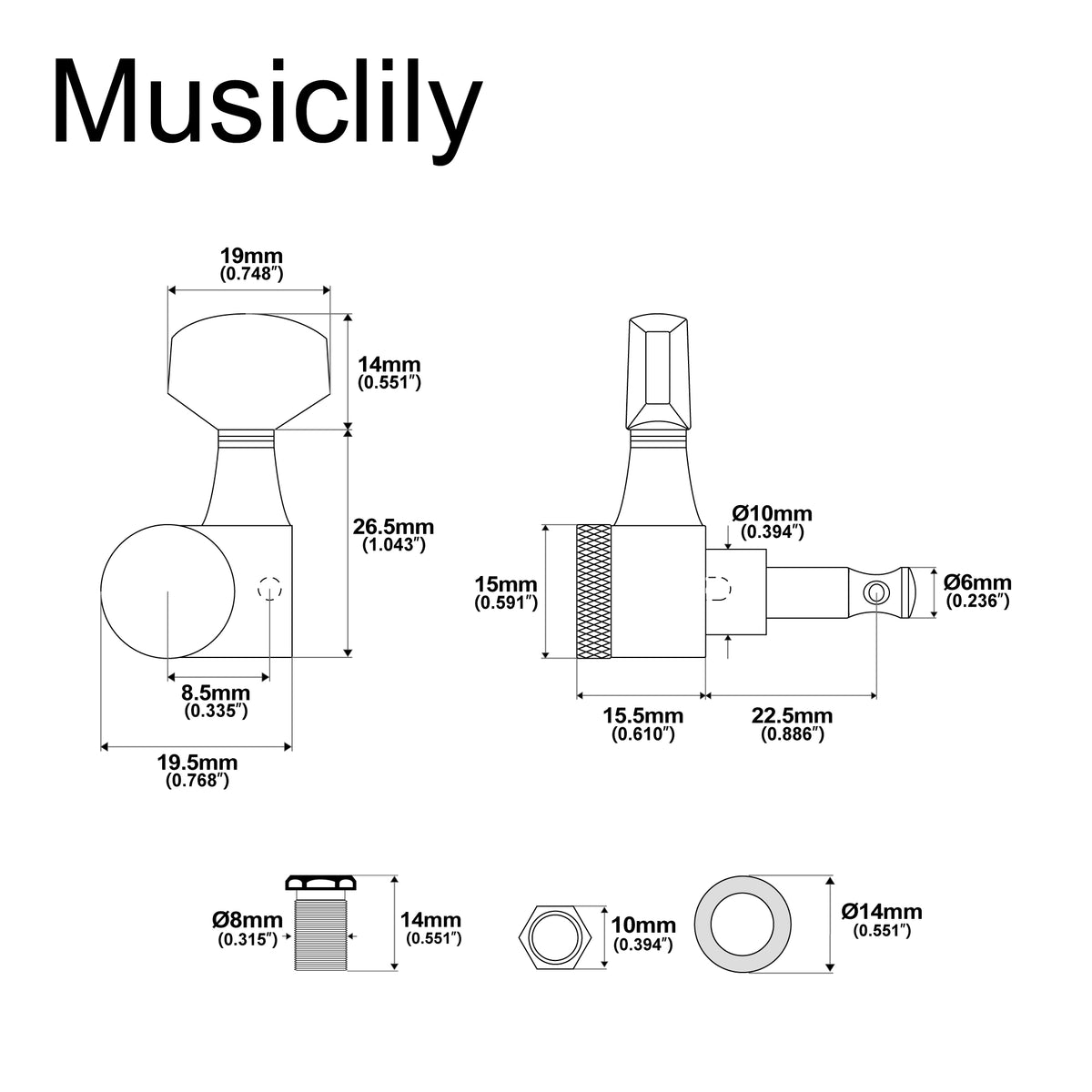 Musiclily Pro R15J-21 Левша 6-в-ряд 15:1 Передаточное число 1-контактные полностью герметичные блокирующие машинки для настройки гитары, тюнеры, ключи с шестигранной кнопкой для Squier Strat Tele Electric Guitar