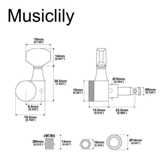 Musiclily Pro R15J Esquerda 6-em-linha 15:1 Relação, Viragem de 1 Pino, Totalmente Selados com Trava, Mecanismos de Afinar, Pega de Afinar com Botão Hexagonal para Guitarra Elétrica Estilo Squier Strat Tele