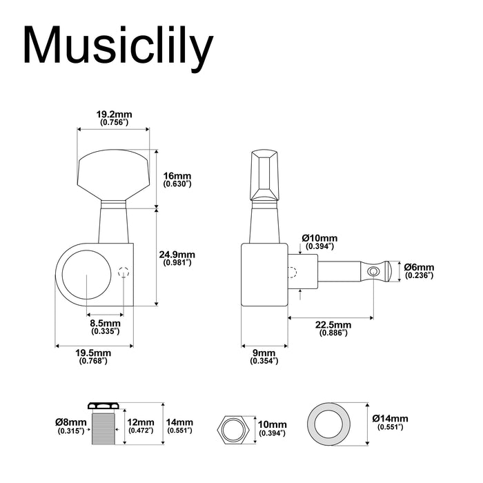 Musiclily Pro R15J 左利き 6-in-line 15:1 比率 1ピンフルシールドマシンヘッド チューナー チューニングペグ Hexボタン付 Squier Strat Teleスタイルエレキギター用