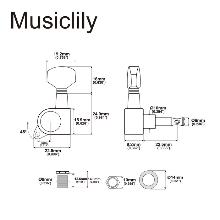 Musiclily Pro R15J Singolo Rapporto 15:1, macchina completamente sigillata, chiave di accordatura laterale con pulsante esagonale per chitarra elettrica stile Stratocaster Telecaster