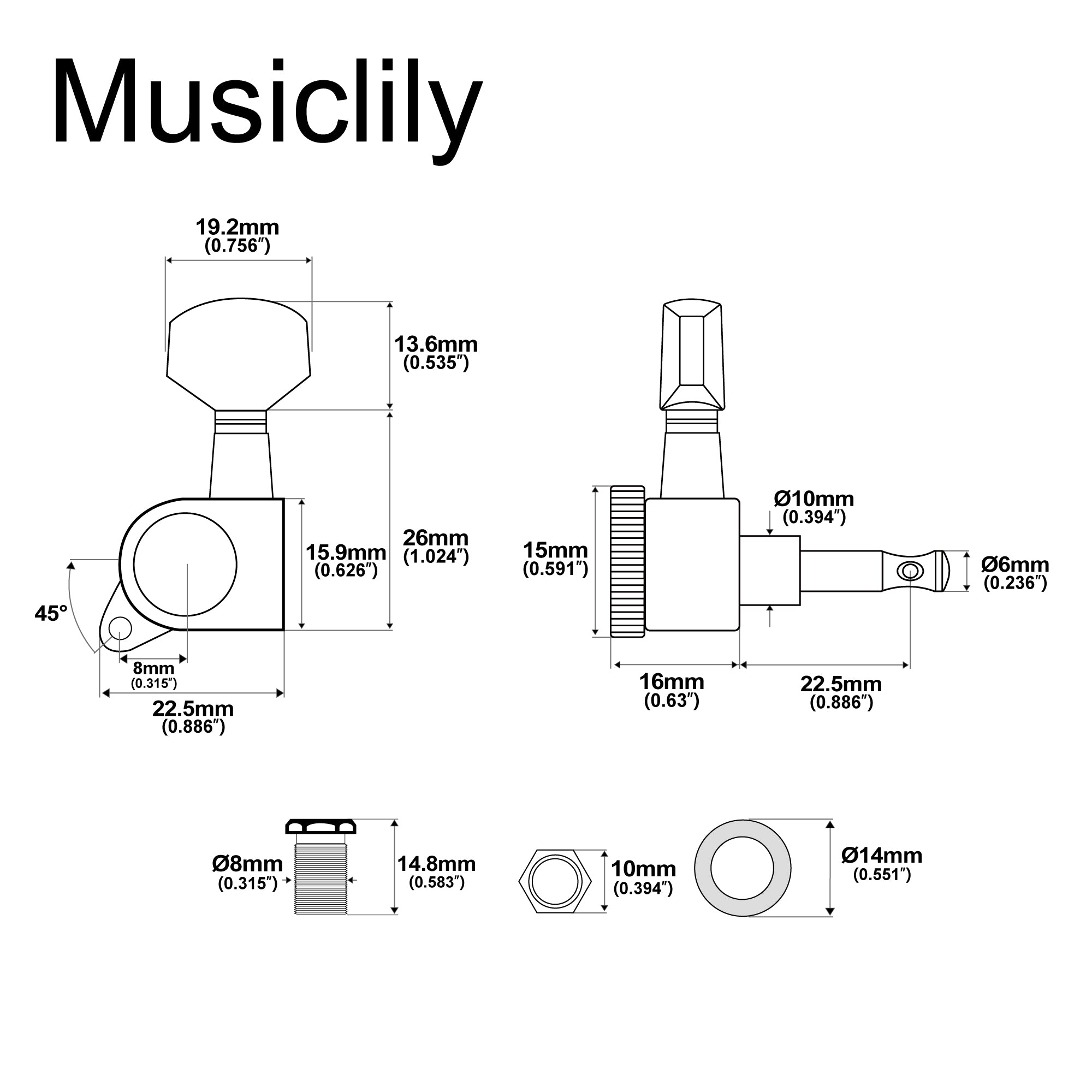 Musiclily Pro R15J-24 Левша 6-в-ряд 15:1 Передаточное число полностью герметичные блокирующие машинки для настройки гитары, тюнеры, ключи с шестигранной кнопкой для Strat Tele Electric Guitar
