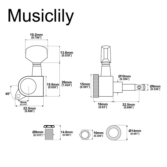 Musiclily Pro R15J Left-Handed 6-in-line 15:1 Ratio Full Sealed Locking Machine Heads Tuners Tuning Pegs Keys with Hex Button for Strat Tele Style Electric Guitar