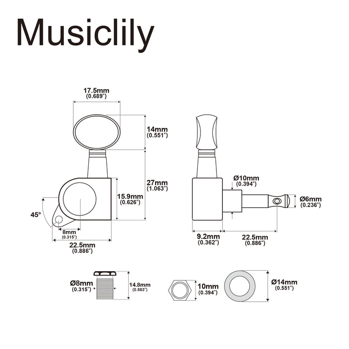 Musiclily Pro R15J Linkshänder 6-in-line 15:1 Verhältnis Vollständig versiegelte Maschinenköpfe, Stimmer, Stimmwirbel mit Vintage-Oval-Button für Strat Tele Stil E-Gitarre