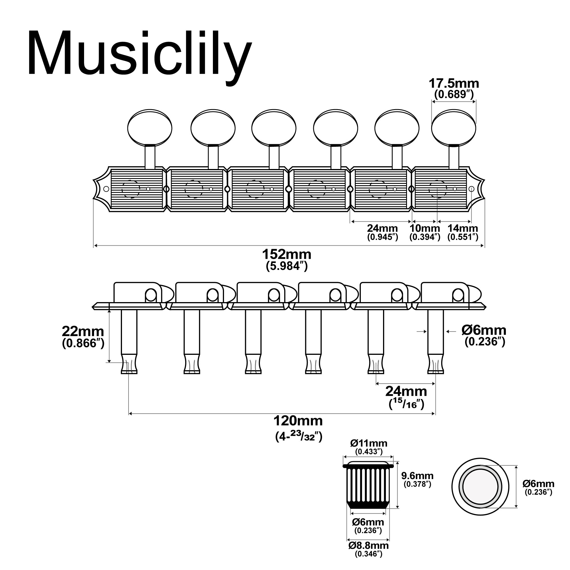 Musiclily Pro R15J-26 Clavijas de afinación vintage para guitarra estilo Fender Squier Strat Tele, izquierda, 6 en línea, relación 15:1, semi cerradas, eje dividido, con botón oval blanco roto