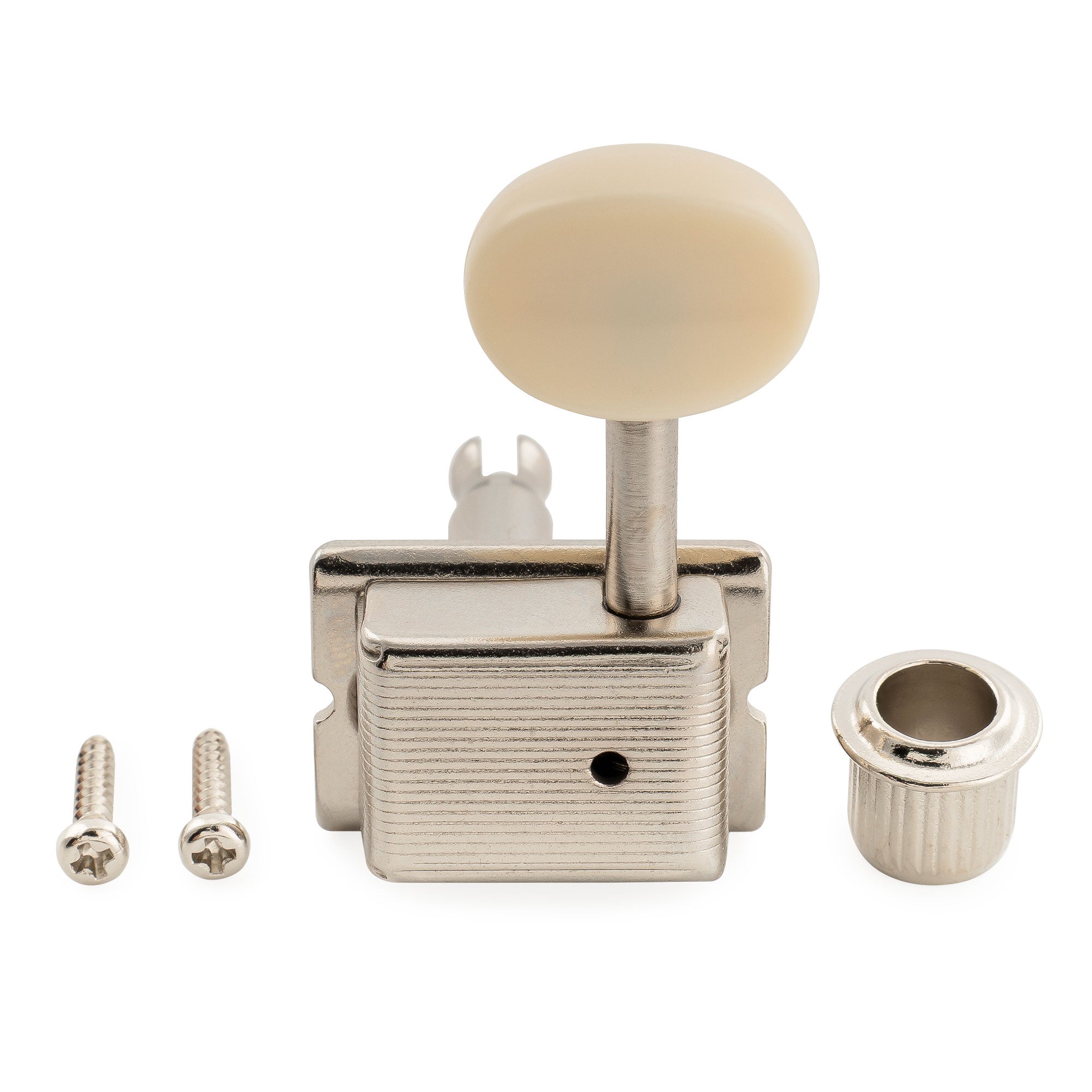 Musiclily Pro R15J-26 Clavijas de afinación vintage para guitarra estilo Fender Squier Strat Tele, izquierda, 6 en línea, relación 15:1, semi cerradas, eje dividido, con botón oval blanco roto
