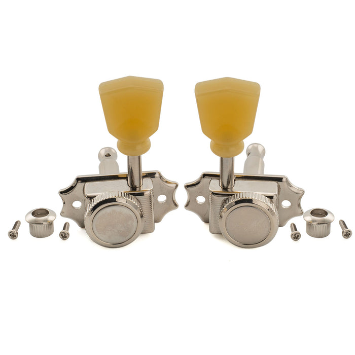 Musiclily Pro R18T 3R3L 18:1 Ratio Semi Closed Vintage Hybrid Style Locking Machine Heads Tuners Tuning Pegs Keys with Keystone Button for Acoustic Electric Guitar, Nickel