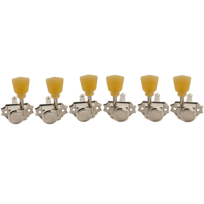 Musiclily Pro R18T 3R3L 18:1 Ratio Semi Closed Vintage Hybrid Style Locking Machine Heads Tuners Tuning Pegs Keys with Keystone Button for Acoustic Electric Guitar, Nickel