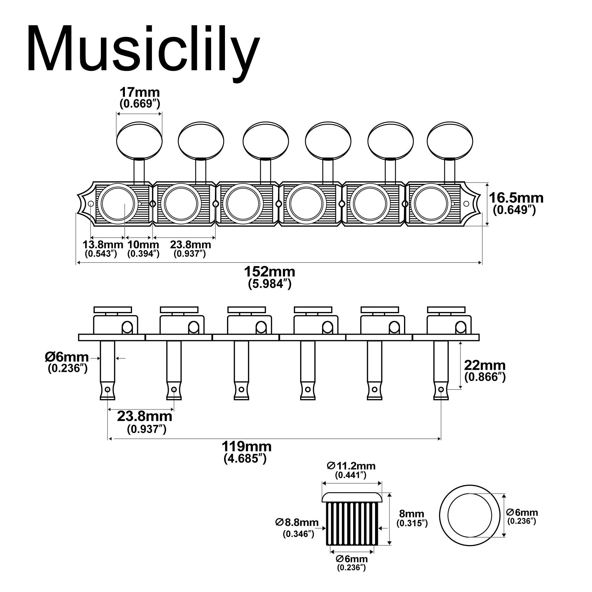 Musiclily Pro R18T-09 Clavijas de afinación de máquina semi cerradas de estilo híbrido vintage, bloqueo, línea de 6, relación 18:1, botón ovalado para guitarra eléctrica Fender Squier Strat Tele