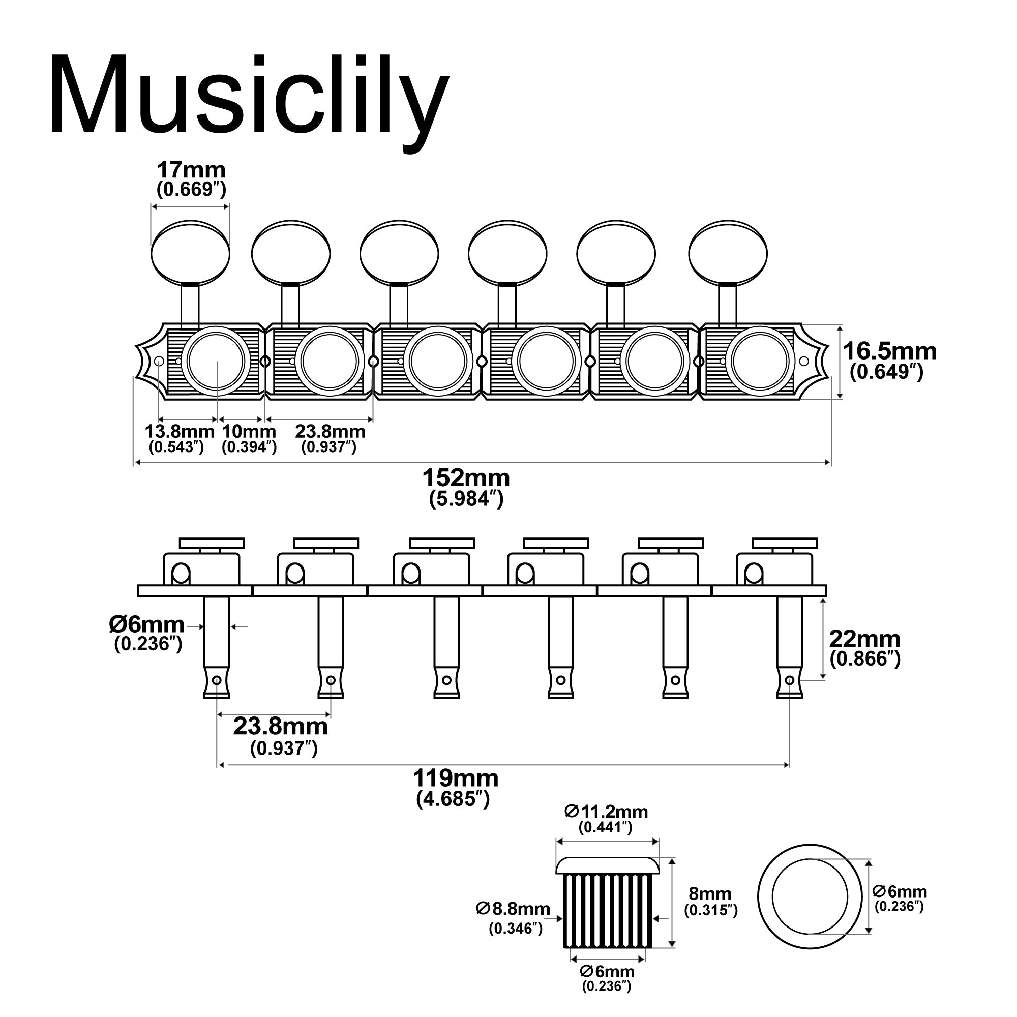 Musiclily Pro R18T-10 6 en línea relación 18:1 cabezas de máquina con bloqueo estilo vintage híbrido semi cerradas con botón ovalado para guitarra eléctrica estilo Fender Squier Strat Tele