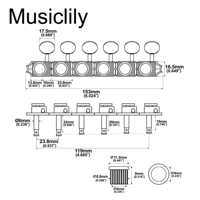 Musiclily Ultra R18T Left-Handed 6-in-line 18:1 Ratio Semi Closed Vintage Hybrid Staggered Locking Machine Heads Tuners with Vintage Oval Button for Fender SQ Strat Tele Style Electric Guitar
