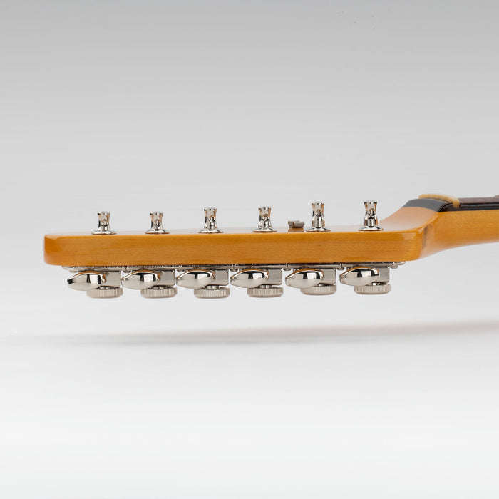 Musiclily Ultra R18T 6-in-line 18:1 Ratio Semi Closed Vintage Hybrid Style Staggered Locking Machine Heads Tuners with Vintage Oval Button for Fender Squier Strat Tele Style Electric Guitar, Nickel