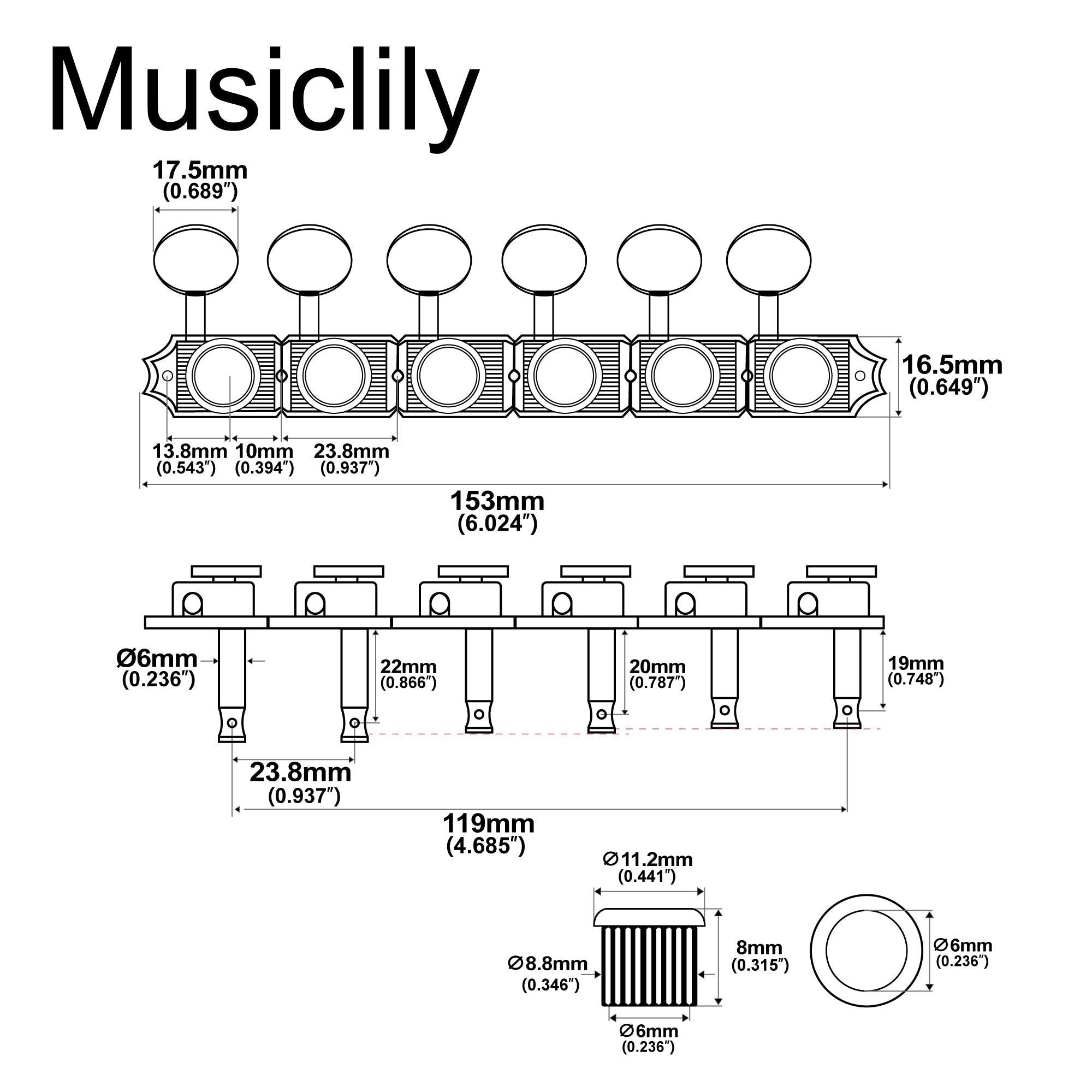 Musiclily Ultra R18T-14 6 en línea 18:1 relación semi cerrada estilo híbrido vintage afinadores con botón ovalado para guitarra eléctrica estilo Fender Squier Strat Tele