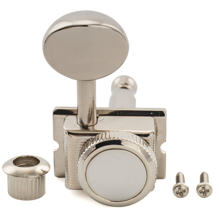 Musiclily Ultra R18T 6-in-line 18:1 Ratio Semi Closed Vintage Hybrid Style Staggered Locking Machine Heads Tuners with Vintage Oval Button for Fender Squier Strat Tele Style Electric Guitar, Nickel