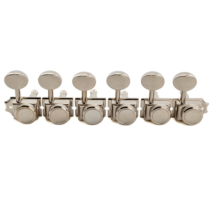 Musiclily Ultra R18T 6-in-line 18:1 Ratio Semi Closed Vintage Hybrid Style Staggered Locking Machine Heads Tuners with Vintage Oval Button for Fender Squier Strat Tele Style Electric Guitar, Nickel