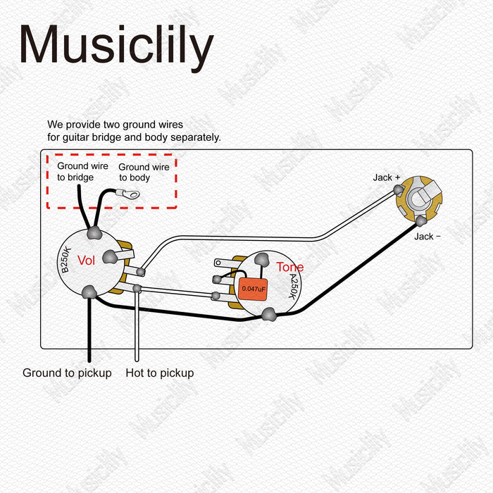 Musiclily Pro Electric Bass Pre-wired Wiring Harness Upgrade for Import Style Precision Bass with 1A1B Pots