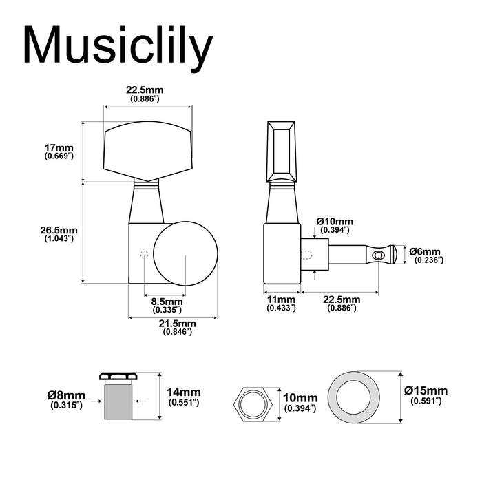 Musiclily Pro R18T-15 3R3L 18:1 Ratio 1-Pin Full Sealed Machine Heads Tuners Tuning Pegs Keys with Big Hex Button for Taylor Style Acoustic Guitar