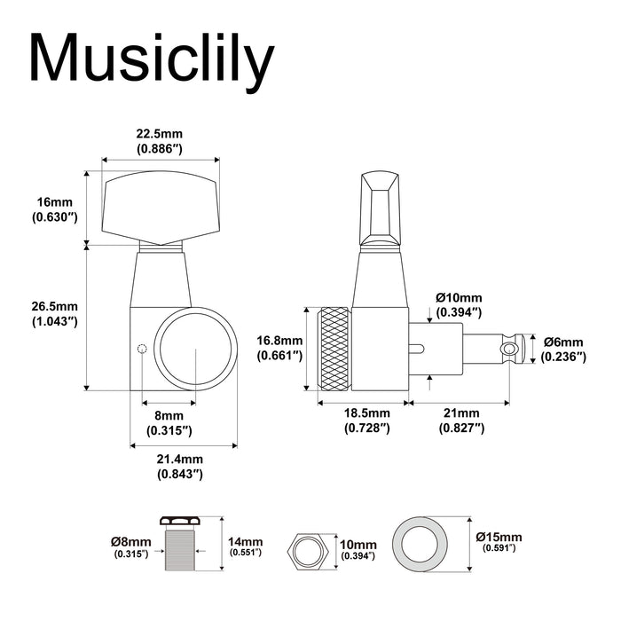 Musiclily Pro R18T-16 3R3L 18:1 1ピン ロッキングギターチューナー ペグ 大六角ボタン付き テイラー(Taylor)スタイル アコースティックギター用