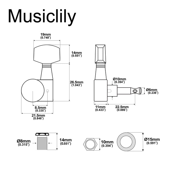 Musiclily Pro R18T-17 Single 18:1 Ratio 1-Pin Full Sealed Machine Head Treble Side Tuner Tuning Peg Key with Hex Button for Squier Strat Tele Style Electric Guitar