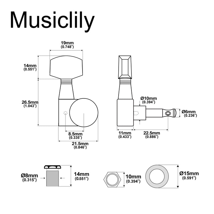 Musiclily Pro R18T-18 Single 18:1 Ratio 1-Pin Full Sealed Machine Head Bass Side Tuner Tuning Peg Key with Hex Button for Squier Strat Tele Style Electric Guitar
