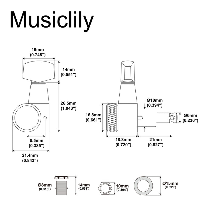 Musiclily Pro R18T-19 für Linkshänder 6-in-line 18:1 Locking-Gitarrenmechaniken Stimmwirbel mit Sechskant-Knopf für E-Gitarre im Squier Strat/Tele-Stil