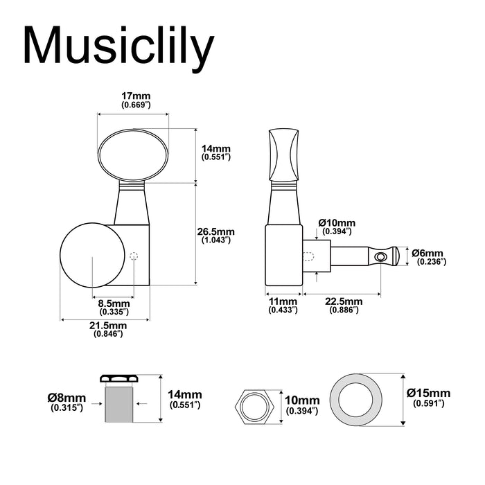 Musiclily Pro R18T-21 Left-Handed 6-in-line 18:1 Ratio 1-Pin Full Sealed Machine Heads Tuners Tuning Pegs Keys with Vintage Oval Button for Squier Strat Tele Style Electric Guitar
