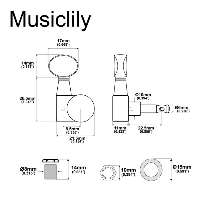 Musiclily Pro R18T-22 6-in-line 18:1 Ratio 1-Pin Full Sealed Machine Heads Tuners Tuning Pegs Keys with Vintage Oval Button for Squier Strat Tele Style Electric Guitar