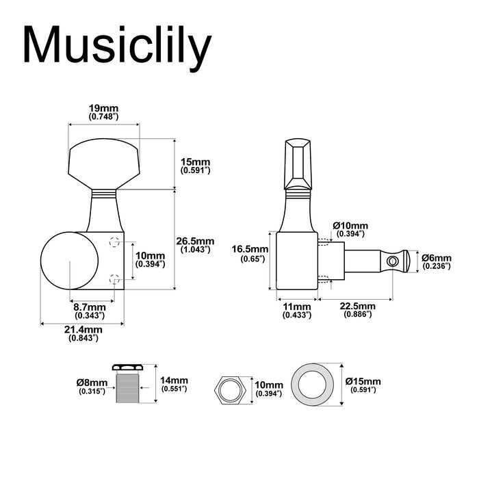 Musiclily Pro R18T-25 Single 18:1 Ratio 2-Pin Full Sealed Machine Head Treble Side Tuner Tuning Peg Key with Hex Button for Squier Strat Tele Style Electric Guitar