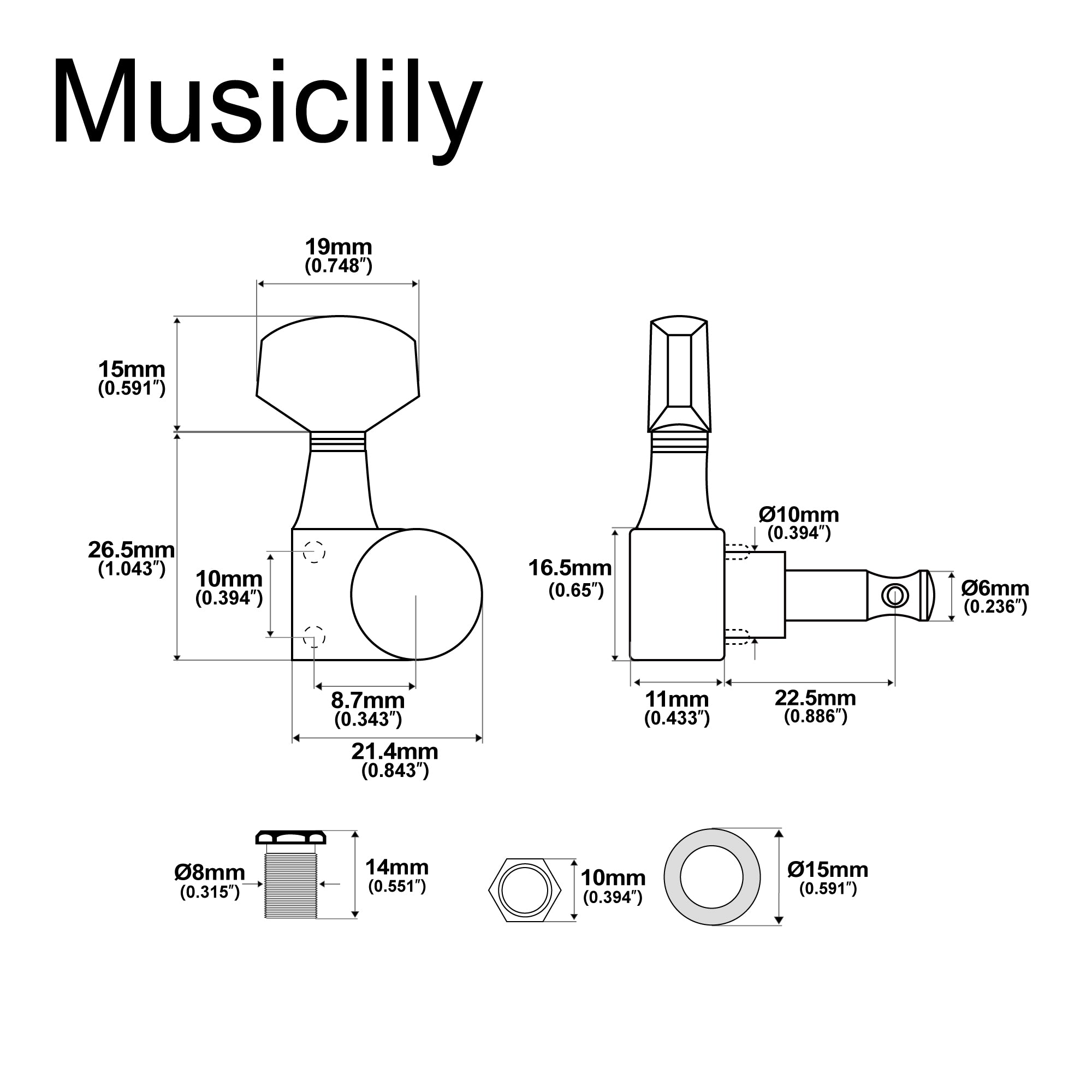 Musiclily Pro R18T-26 Clavijero individual relación 18:1, 2 pines, totalmente sellado, lado de bajos, afinador y clavija con botón hexagonal para guitarra eléctrica estilo Squier Strat Tele