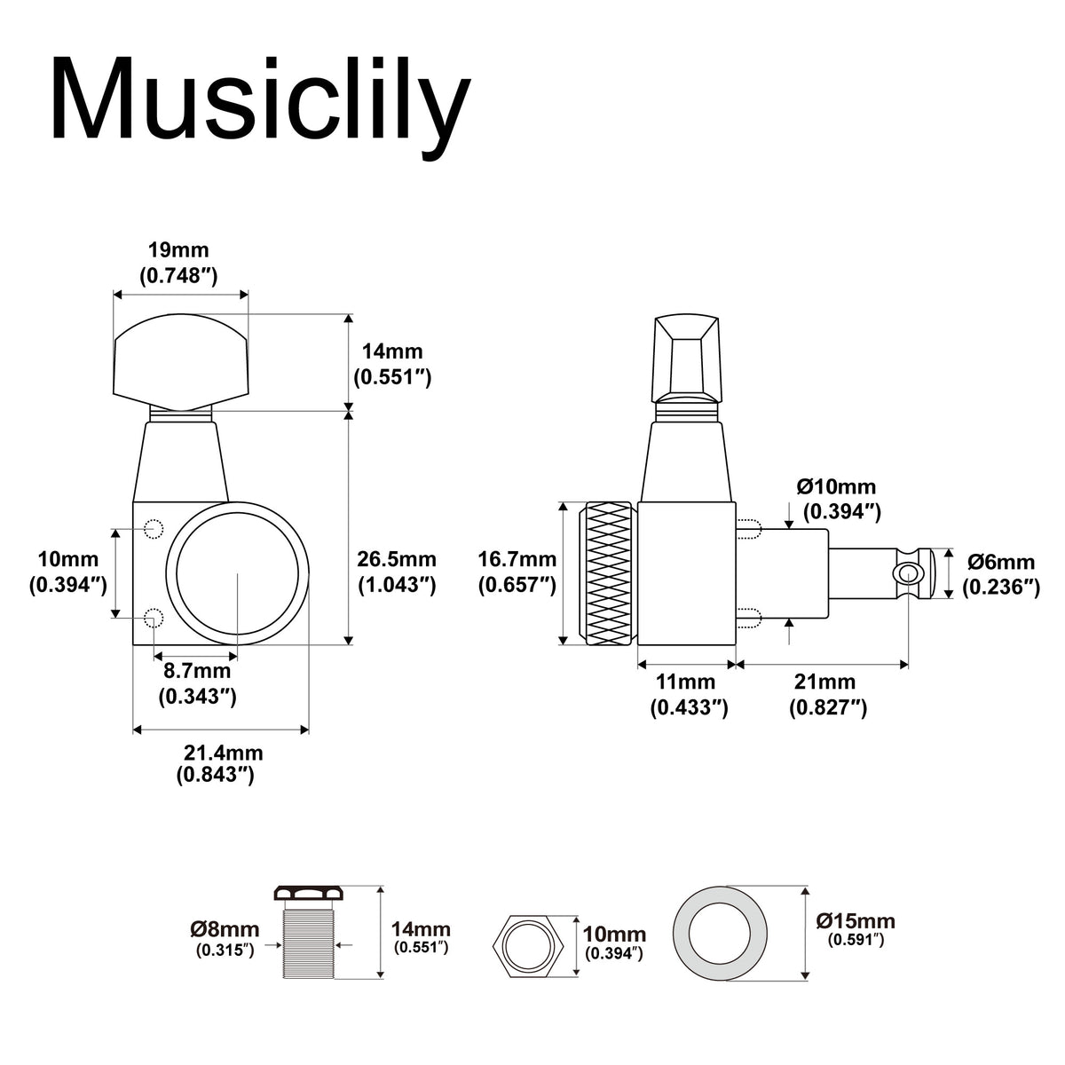 Musiclily Pro R18T-28 Mécaniques à blocage 6 en ligne 18:1, mécaniques 2 broches, chevilles d'accordage, clés pour guitare électrique style Squier Strat Tele