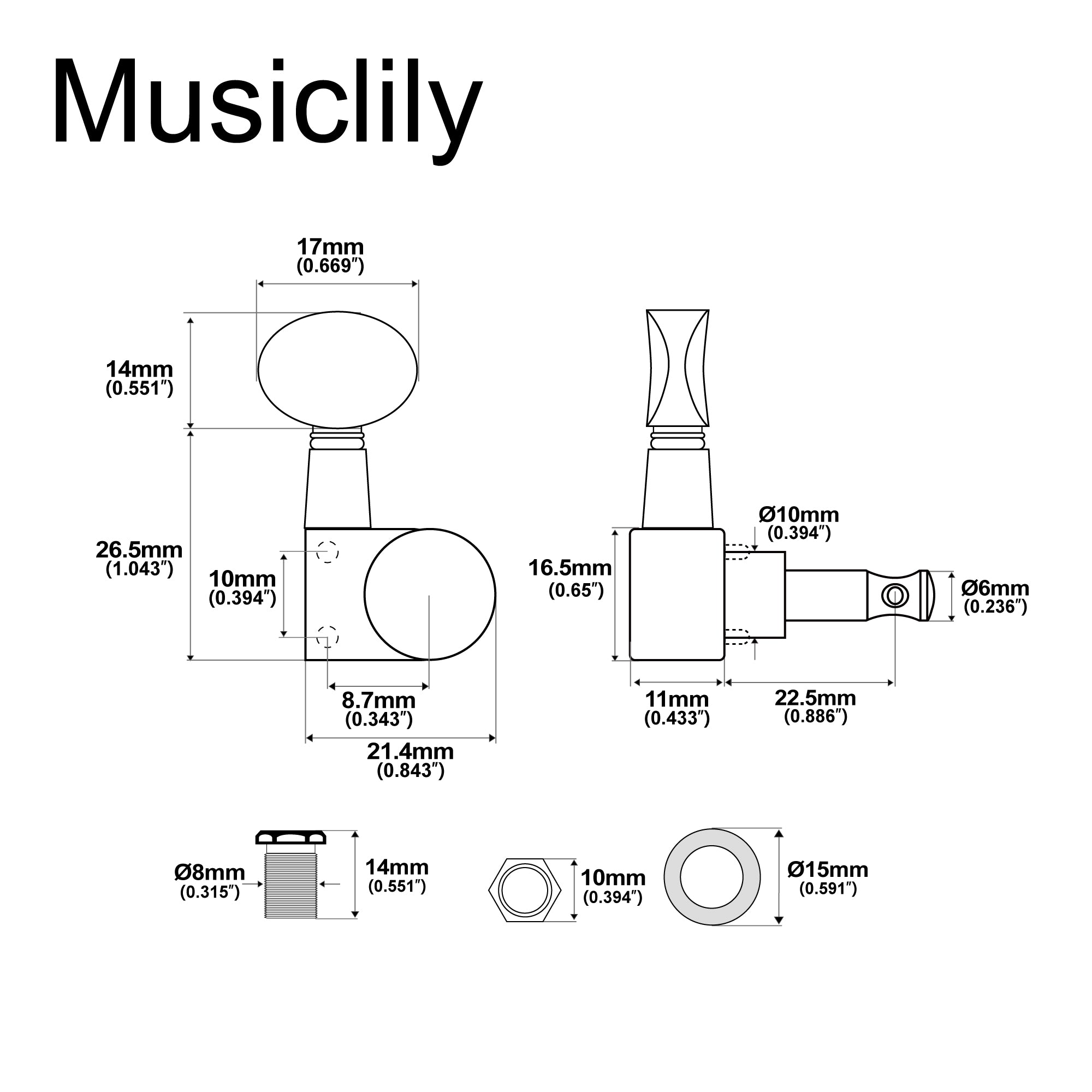 Musiclily Pro R18T-30 6 en línea, relación 18:1, cabezales de máquina totalmente sellados de 2 pines, afinadores, clavijas de afinación y llaves con botón ovalado vintage para guitarra eléctrica estilo Squier Strat Tele