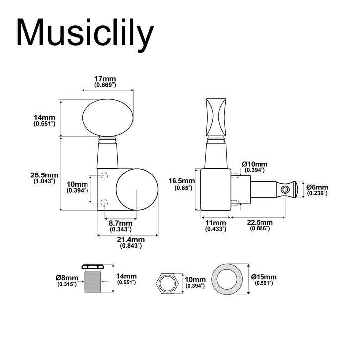 Musiclily Pro R18T-30 6-in-line 18:1 Ratio 2-Pin Full Sealed Machine Heads Tuners Tuning Pegs Keys with Vintage Oval Button for Squier Strat Tele Style Electric Guitar