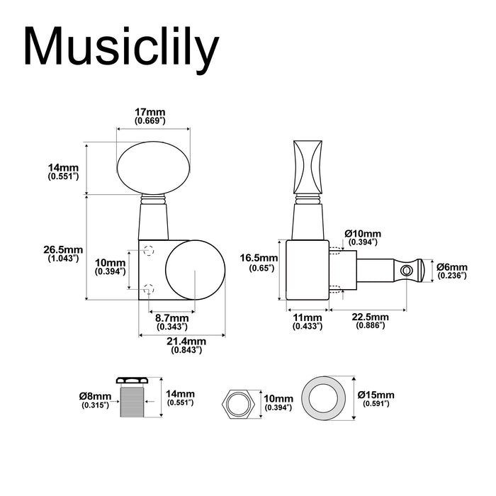Musiclily Pro R18T-30 Single 18:1 Ratio 2-Pin Full Sealed Machine Head Bass Side Tuner Tuning Peg Key with Vintage Oval Button for Squier Strat Tele Style Electric Guitar