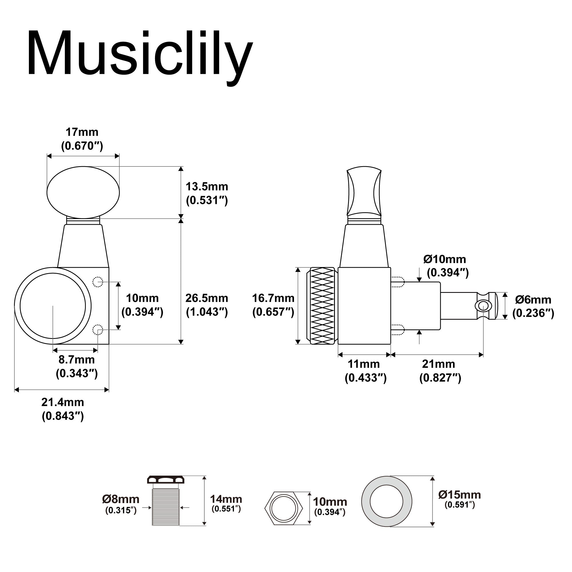 Musiclily Pro R18T-31 mécaniques à blocage gaucher 6 en ligne 18:1 à 2 broches, clés et mécaniques d'accordage pour guitare style Squier Strat Tele