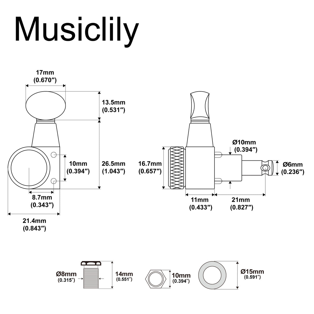 Musiclily Pro R18T-31 mécaniques à blocage gaucher 6 en ligne 18:1 à 2 broches, clés et mécaniques d'accordage pour guitare style Squier Strat Tele