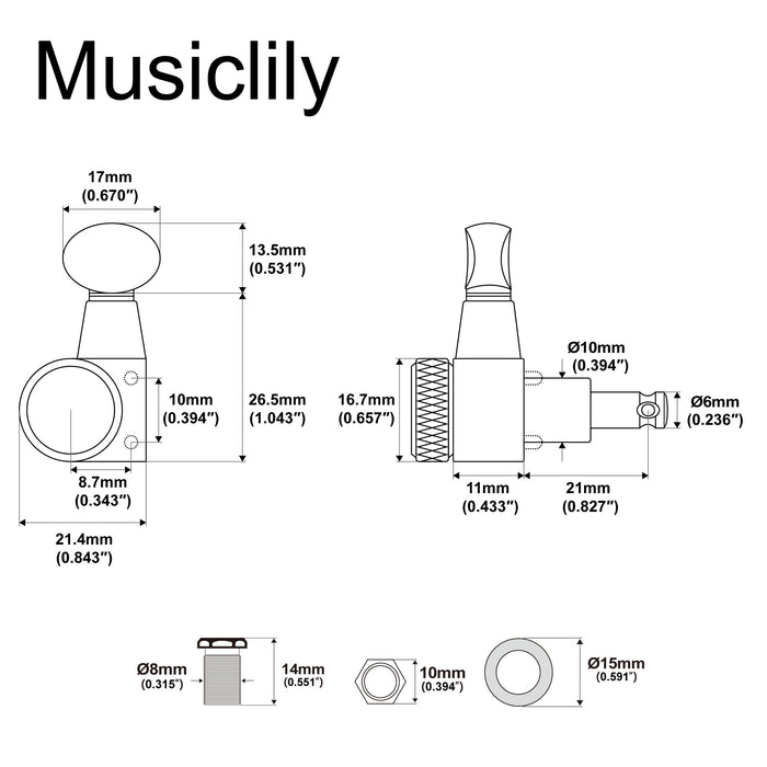Musiclily Pro R18T-31 Left-Handed 6-in-line 18:1 2-Pin Locking Tuners Tuning Pegs Keys Machine Heads for Squier Strat Tele Style