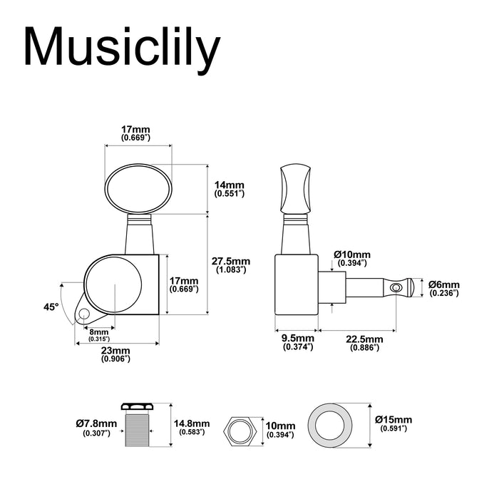 Musiclily Pro R18K-14 Single 18:1 Ratio Full Sealed Machine Head Treble Side Tuner Tuning Peg Key with Vintage Oval Button for Strat Tele Style Electric Guitar