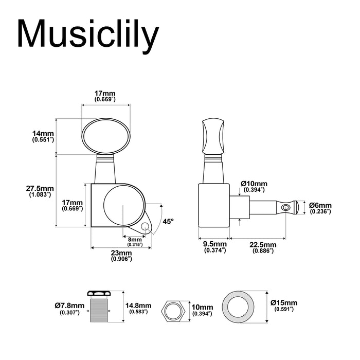 Musiclily Pro R18K-15 6-in-line 18:1 Ratio Full Sealed Machine Heads Tuners Tuning Pegs Keys with Vintage Oval Button for Strat Tele Style Electric Guitar