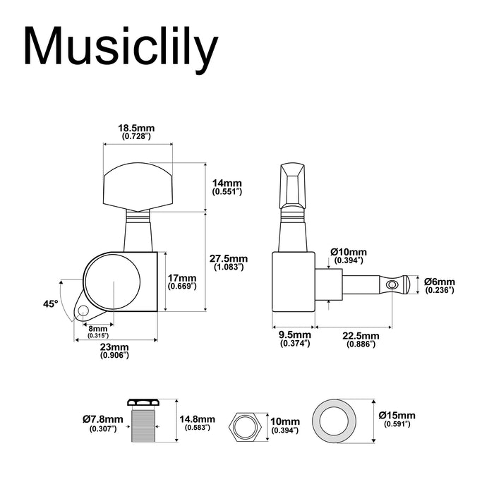 Musiclily Pro R18K-16 Single 18:1 Ratio Full Sealed Machine Head Treble Side Tuner Tuning Peg Key with Hex Button for Strat Tele Style Electric Guitar