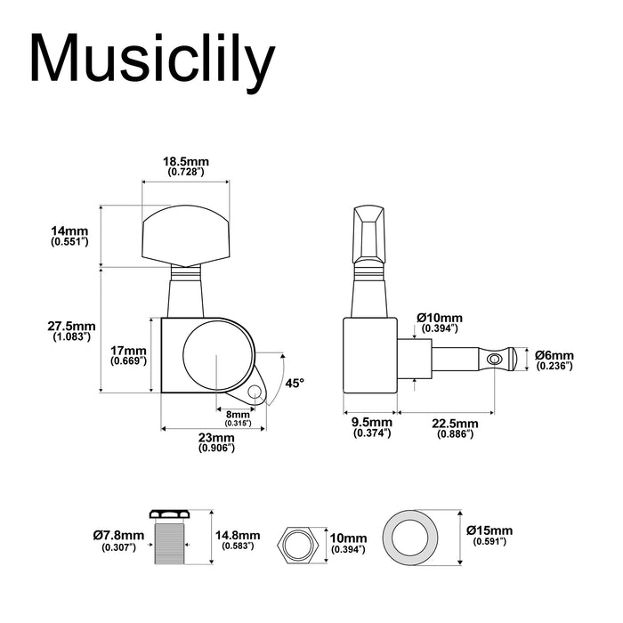 Musiclily Pro R18K-17 Single 18:1 Ratio Full Sealed Machine Head Bass Side Tuner Tuning Peg Key with Hex Button for Strat Tele Style Electric Guitar