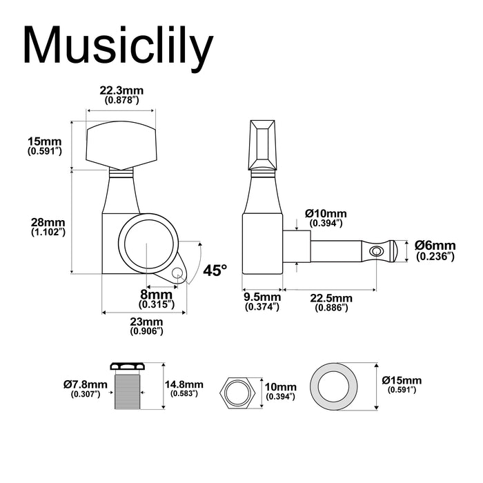 Musiclily Pro R18K-18 3R3L 18:1 Ratio Full Sealed Machine Heads Tuners Tuning Pegs Keys with Big Hex Button for Acoustic Electric Guitar