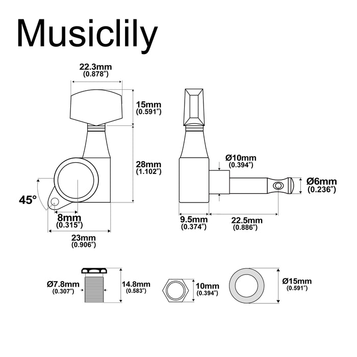 Musiclily Pro R18K-18 Single 18:1 Ratio Full Sealed Machine Head Treble Side Tuner Tuning Peg Key with Big Hex Button for Acoustic Electric Guitar