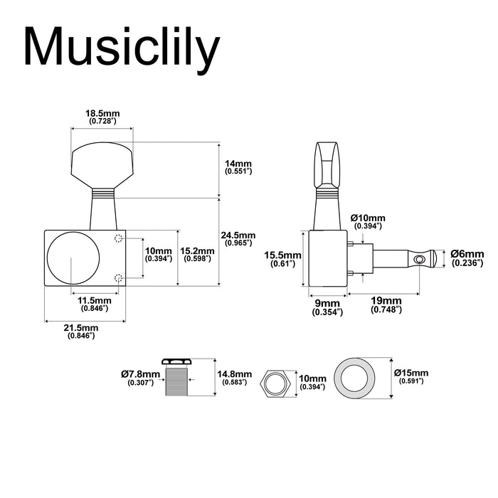 Musiclily Pro R18K-19 Single 18:1 Ratio 2-Pin Full Sealed Guitar Tuner Treble Side 19mm Post Machine Head Tuning Peg Key with Hex Button for Fender Strat Tele Style Electric Guitar