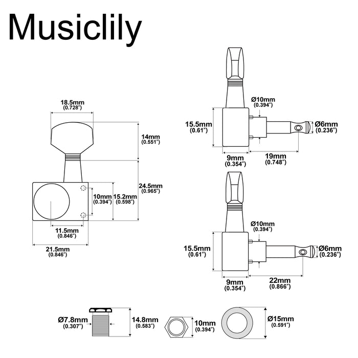 Musiclily Pro R18K-19 Left-Handed 6-in-line 18:1 Ratio 2-Pin Full Sealed Staggered Guitar Tuners Machine Heads Tuning Pegs Keys with Hex Button for Fender Strat Tele Style Electric Guitar