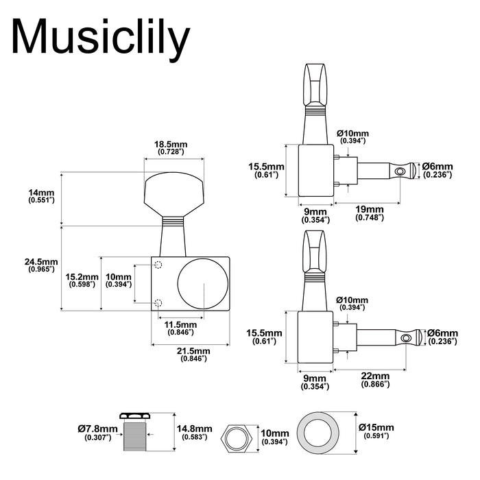 Musiclily Pro R18K-20 6-in-line 18:1 Ratio 2-Pin Full Sealed Staggered Guitar Tuners Machine Heads Tuning Pegs Keys with Hex Button for Fender Strat Tele Style Electric Guitar