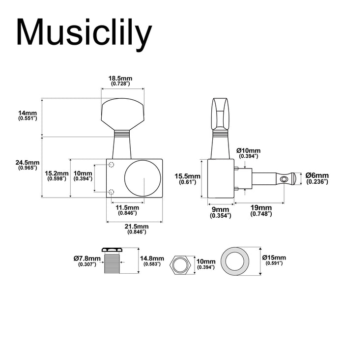 Musiclily Pro R18K-20 Single 18:1 Ratio 2-Pin Full Sealed Guitar Tuner Bass Side 19mm Post Machine Head Tuning Peg Key with Hex Button for Fender Strat Tele Style Electric Guitar