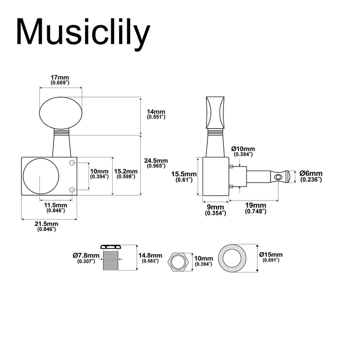 Musiclily Pro R18K-21 Single 18:1 Ratio 2-Pin Full Sealed Guitar Tuner Treble Side 19mm Post Machine Head Tuning Peg Key with Vintage Oval Button for Fender Strat Tele Style Electric Guitar